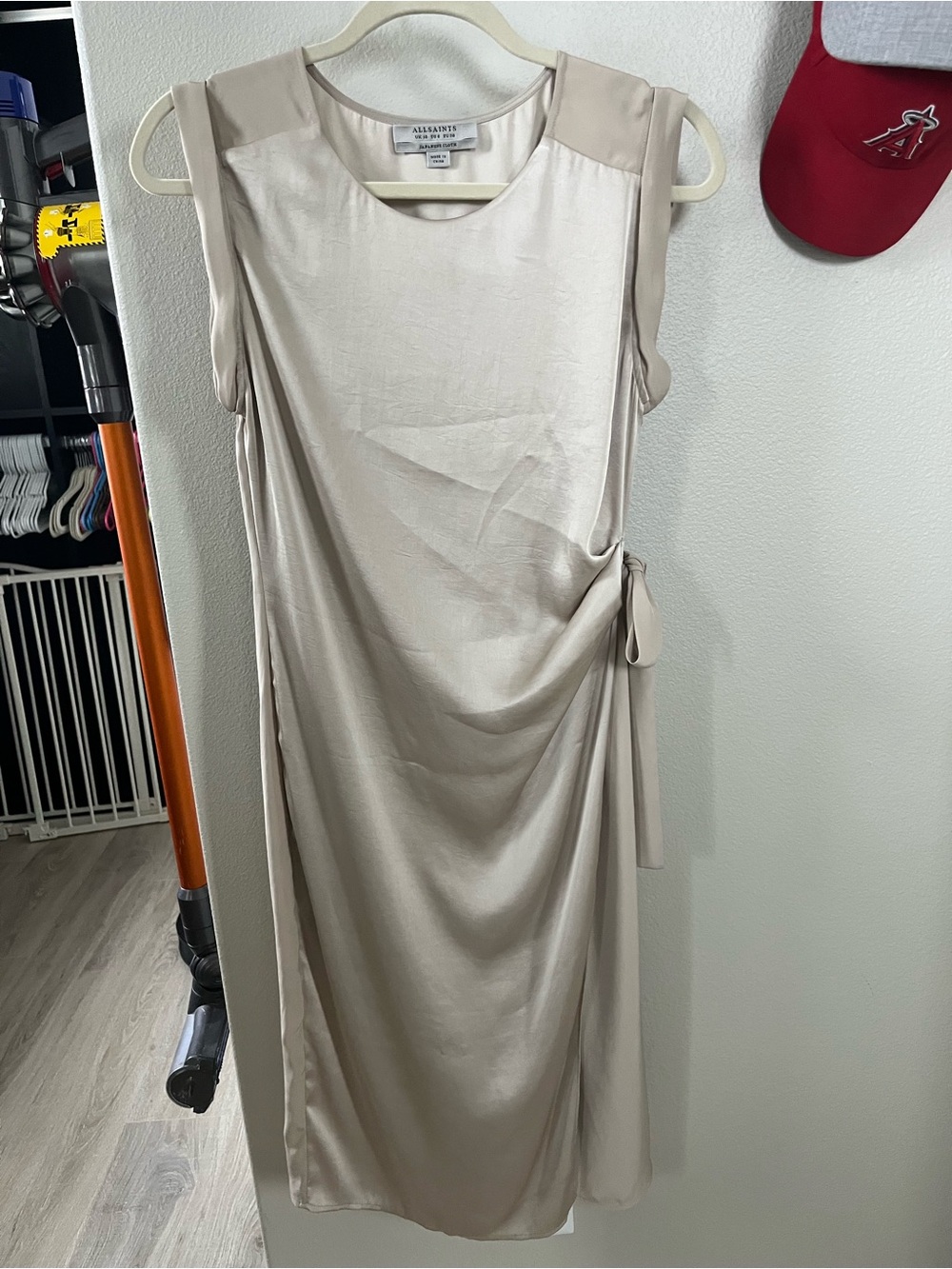 All Saints Beige Satin Side-Tie Midi Dress